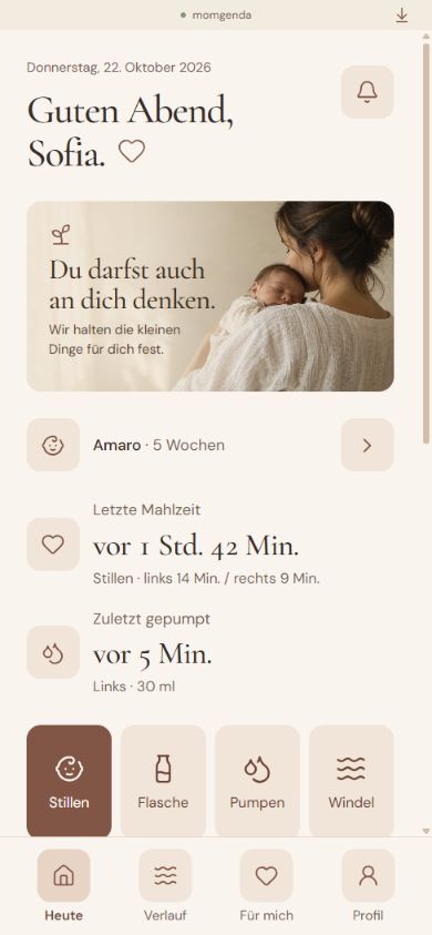 Momgenda Heute: Schnellaktionen und Timeline mit Beispieldaten.
