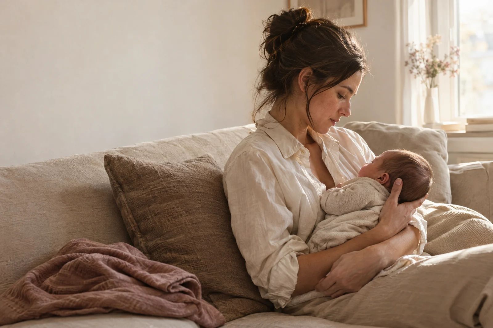 Eine Mutter hält ihr Baby auf dem Sofa im Arm.
